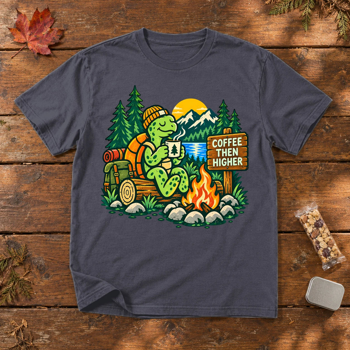 Coffee Then Higher Camp Graphic Tee on Navy Premium Tee