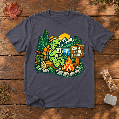 Coffee Then Higher Camp Graphic Tee on Navy Premium Tee