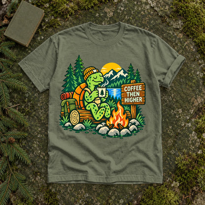 Coffee Then Higher Camp Graphic Tee on Moss Premium Tee