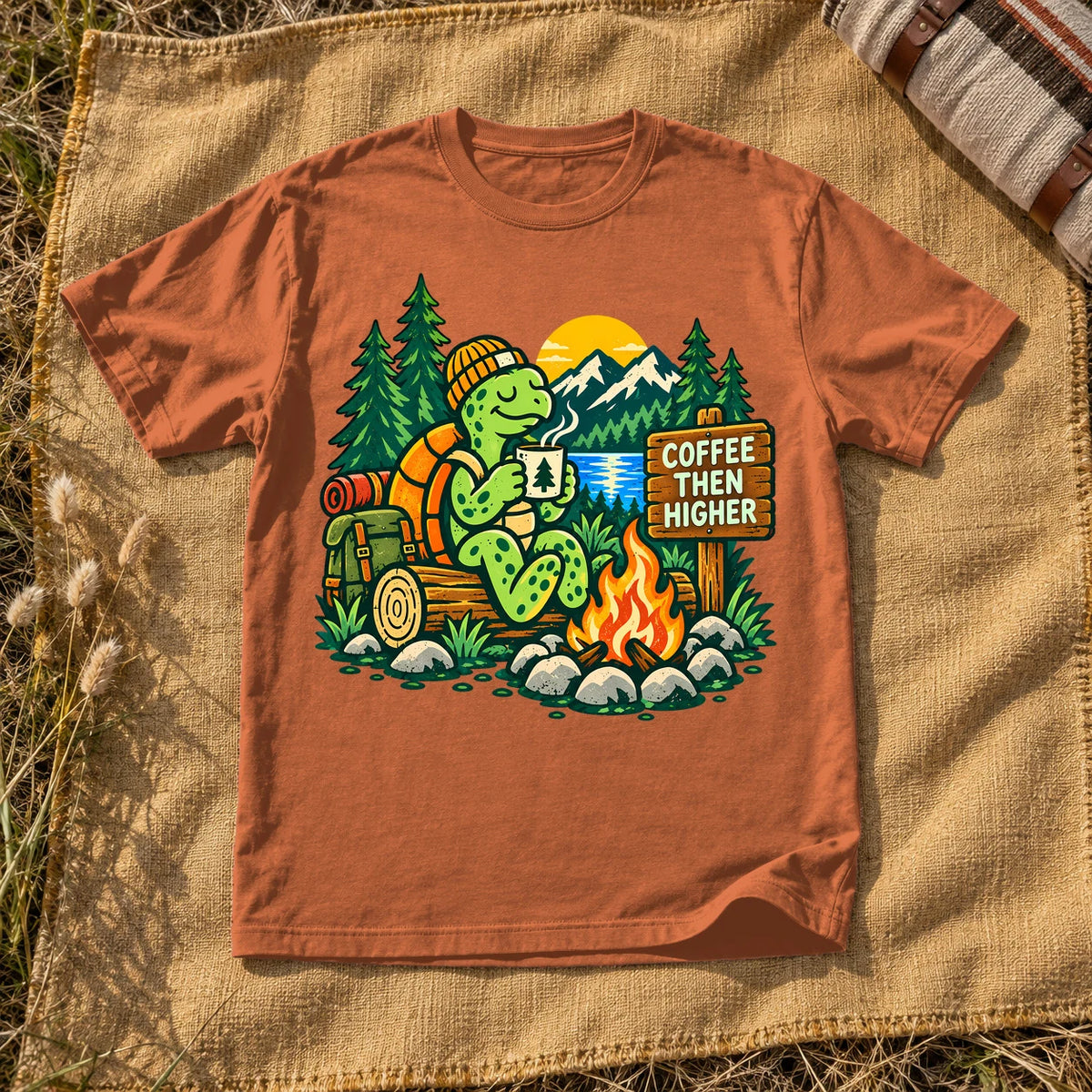 Coffee Then Higher Camp Graphic Tee on Yam Premium Tee