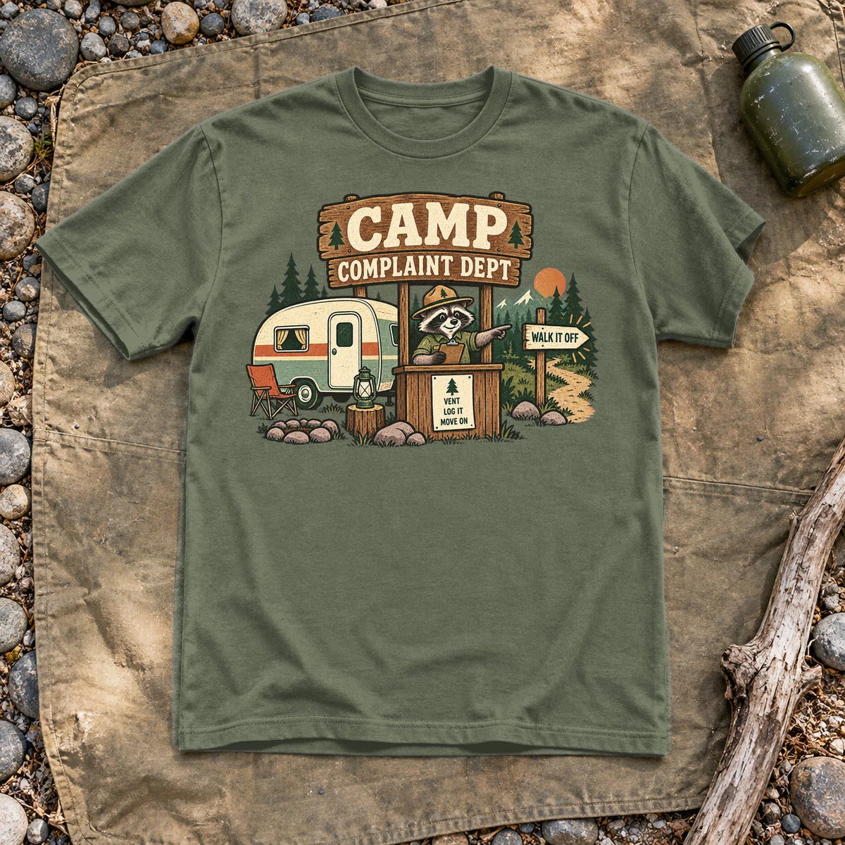 Camp Complaint Dept Graphic Tee on Military Green Everyday Soft Tee