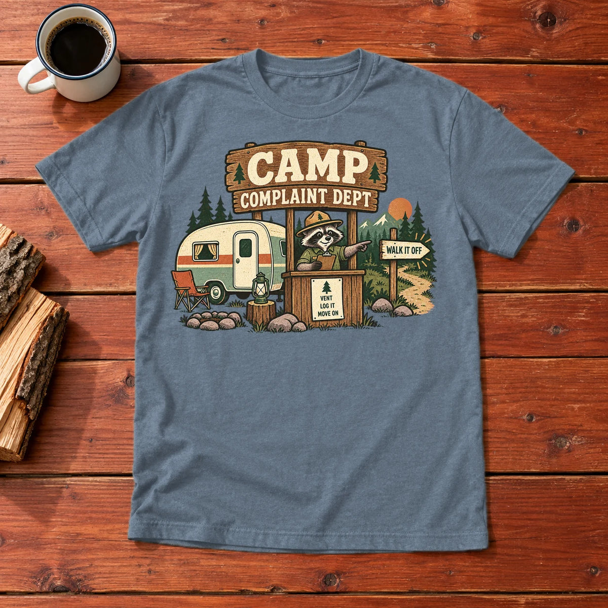 Camp Complaint Dept Graphic Tee on Heather Indigo Everyday Soft Tee
