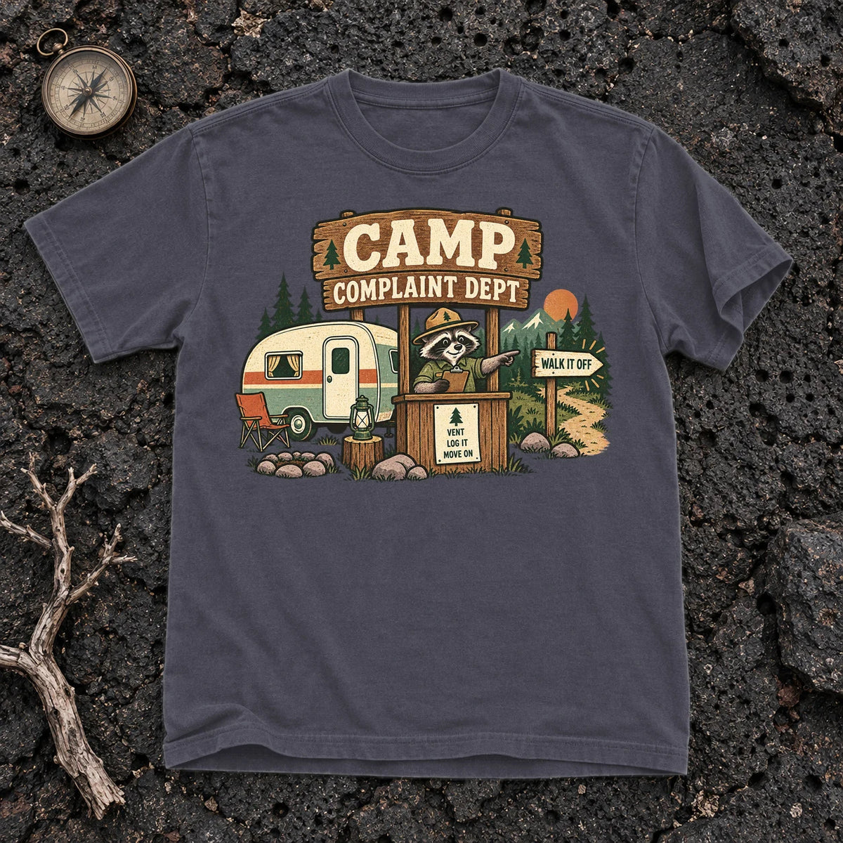 Camp Complaint Dept Graphic Tee on Navy Premium Tee