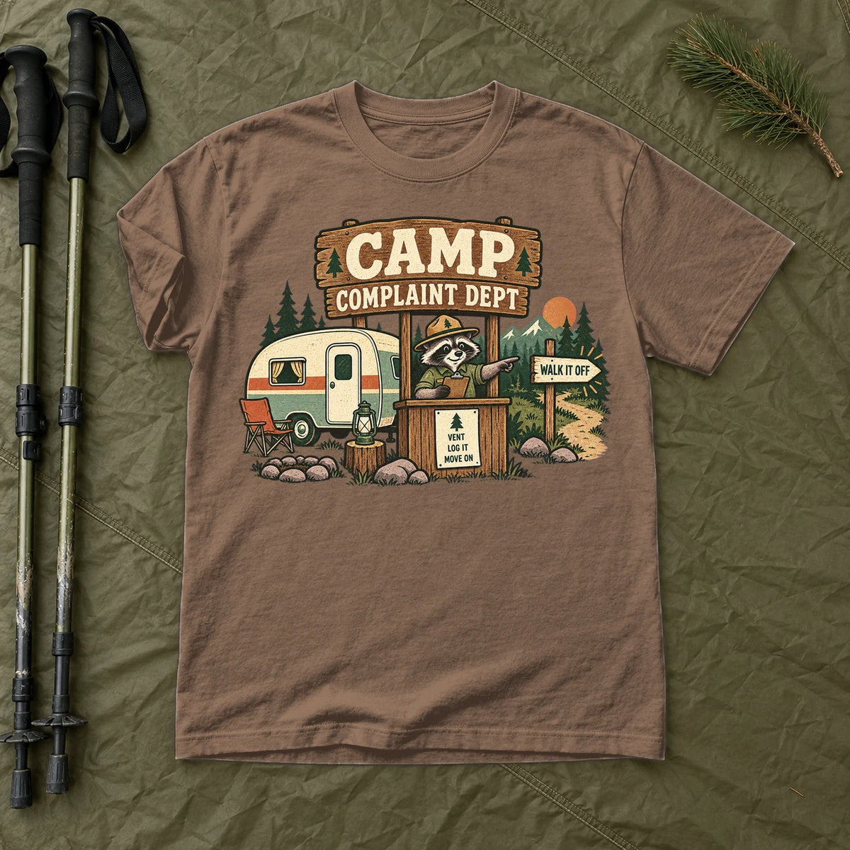 Camp Complaint Dept Graphic Tee on Espresso Premium Tee