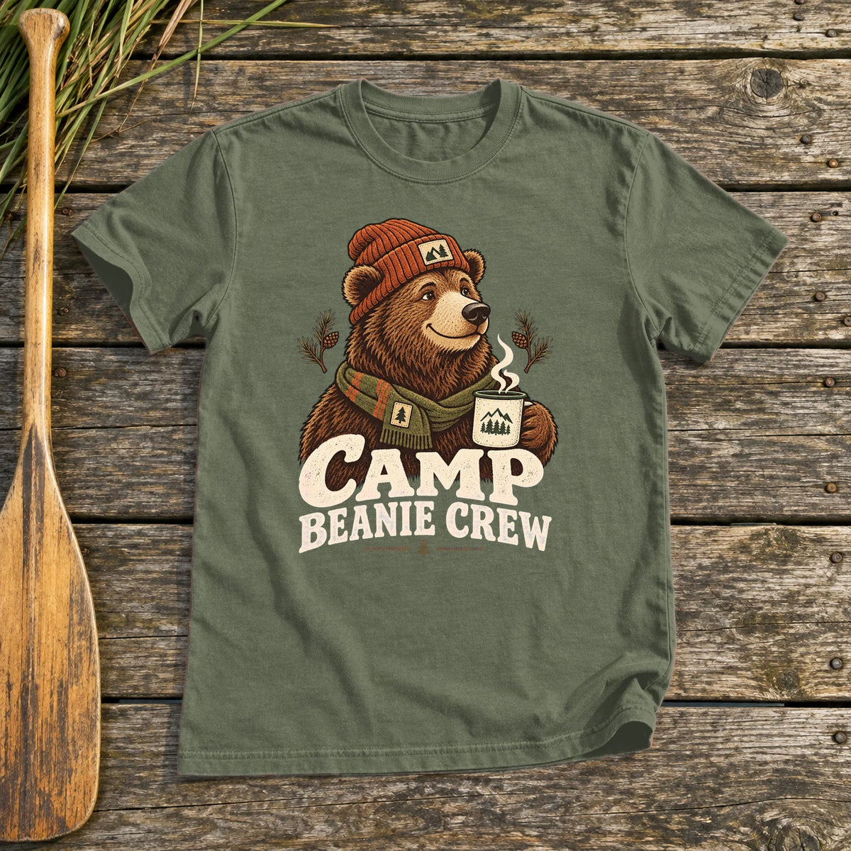 Camp Beanie Crew Graphic Tee on Military Green Everyday Soft Tee