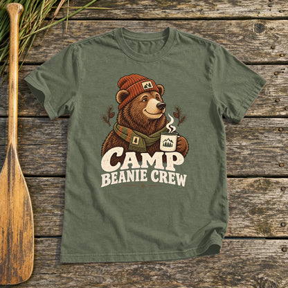 Camp Beanie Crew Graphic Tee on Military Green Everyday Soft Tee