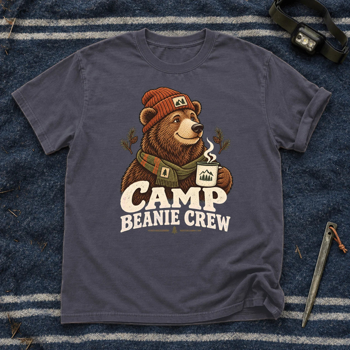 Camp Beanie Crew Graphic Tee on Navy Premium Tee