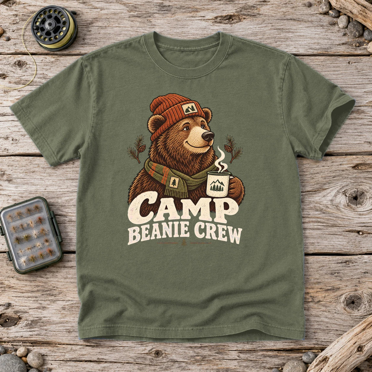 Camp Beanie Crew Graphic Tee on Moss Premium Tee