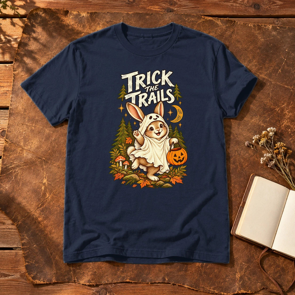 Trick the Trails Ghost Bunny Graphic Tee on Navy Everyday Soft Tee