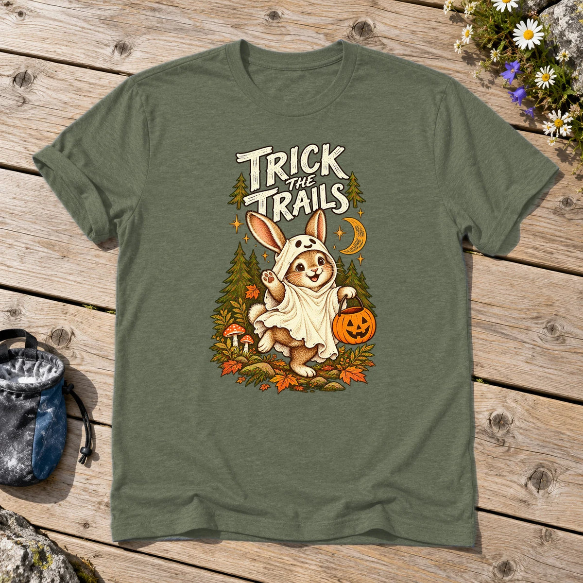 Trick the Trails Ghost Bunny Graphic Tee on Military Green Everyday Soft Tee