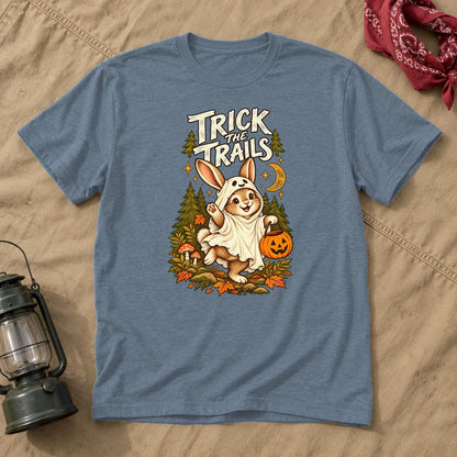 Trick the Trails Ghost Bunny Graphic Tee on Heather Indigo Everyday Soft Tee