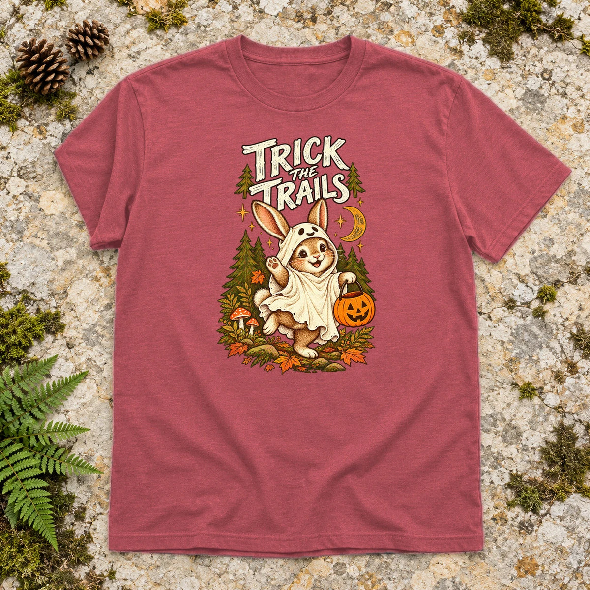 Trick the Trails Ghost Bunny Graphic Tee on Heather Red Everyday Soft Tee