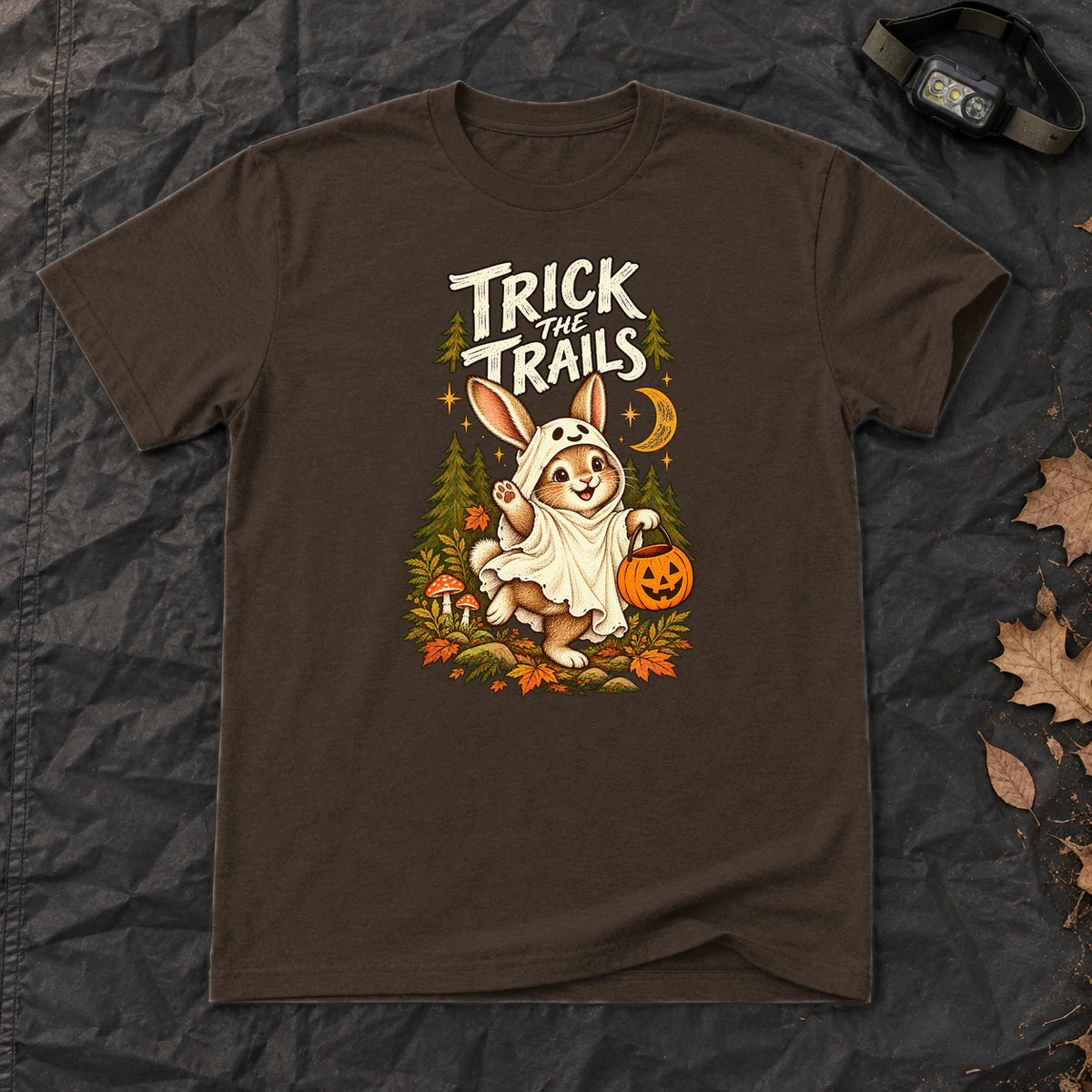 Trick the Trails Ghost Bunny Graphic Tee on Dark Chocolate Everyday Soft Tee