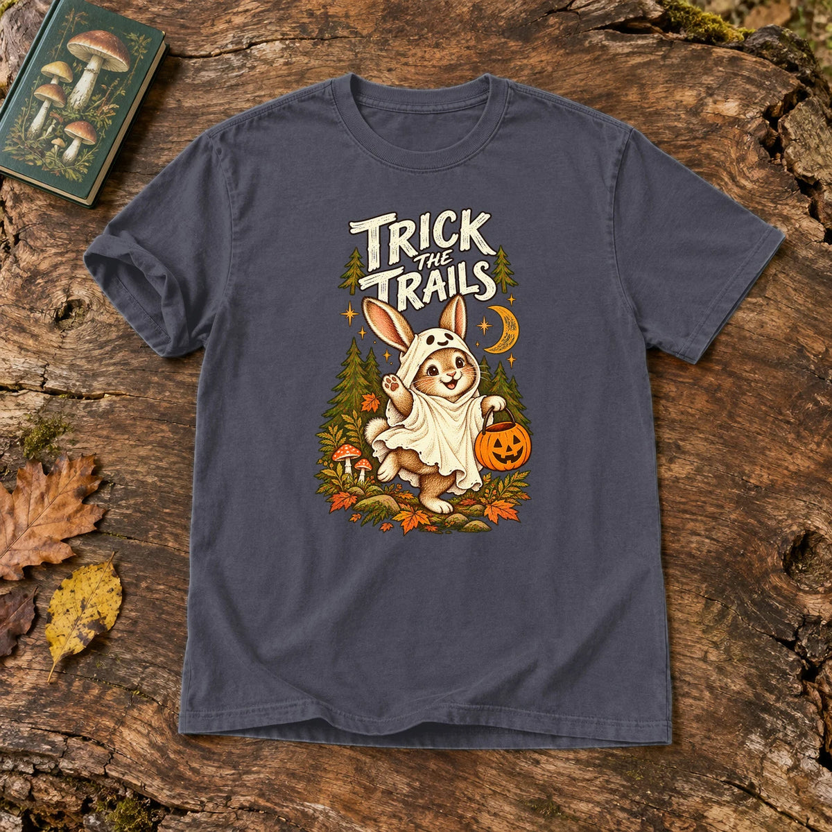 Trick the Trails Ghost Bunny Graphic Tee on Navy Premium Tee
