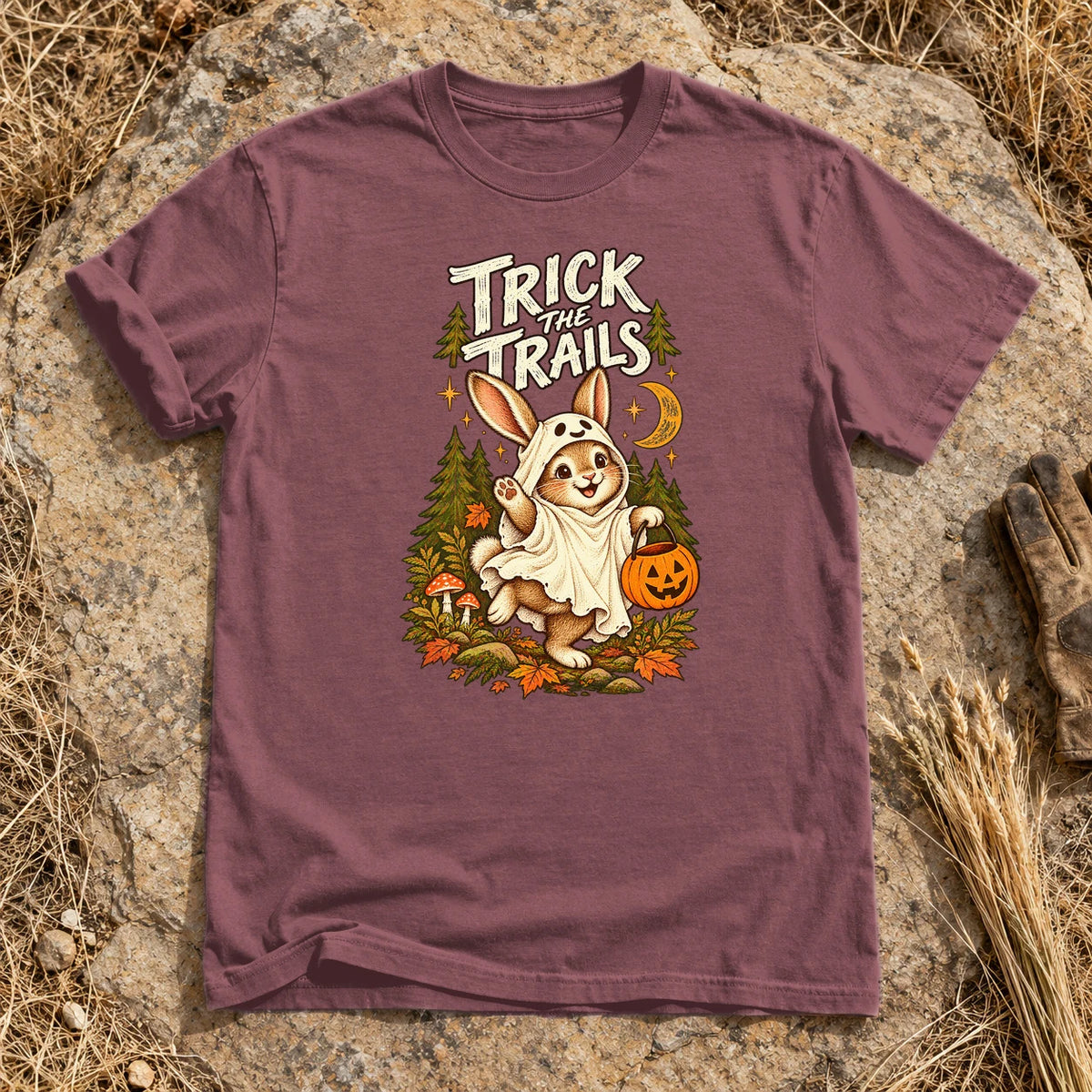 Trick the Trails Ghost Bunny Graphic Tee on Brick Premium Tee