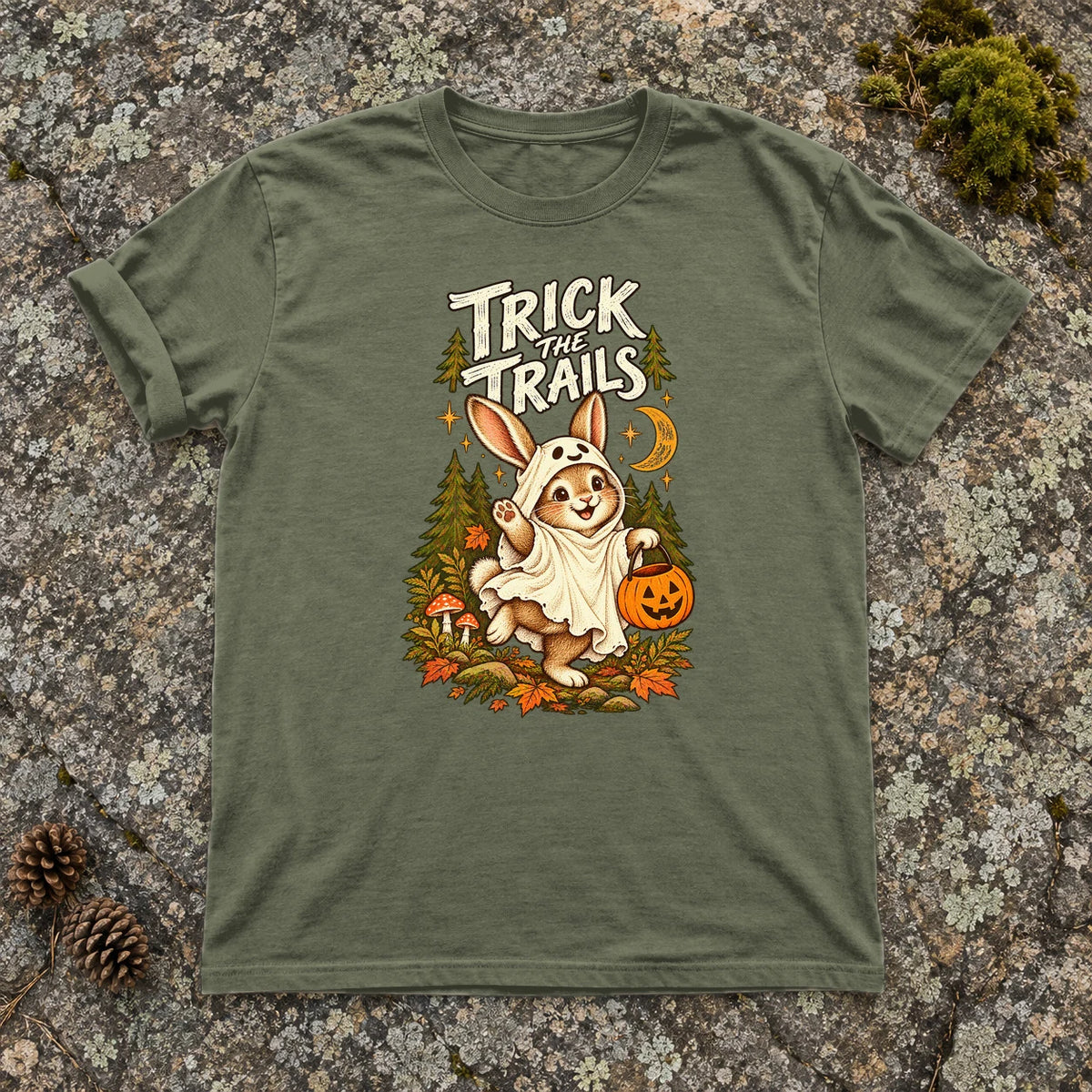 Trick the Trails Ghost Bunny Graphic Tee on Moss Premium Tee