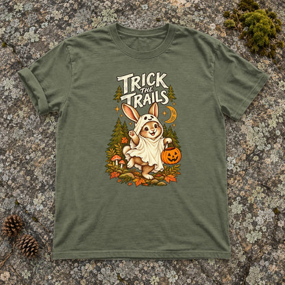 Trick the Trails Ghost Bunny Graphic Tee on Moss Premium Tee