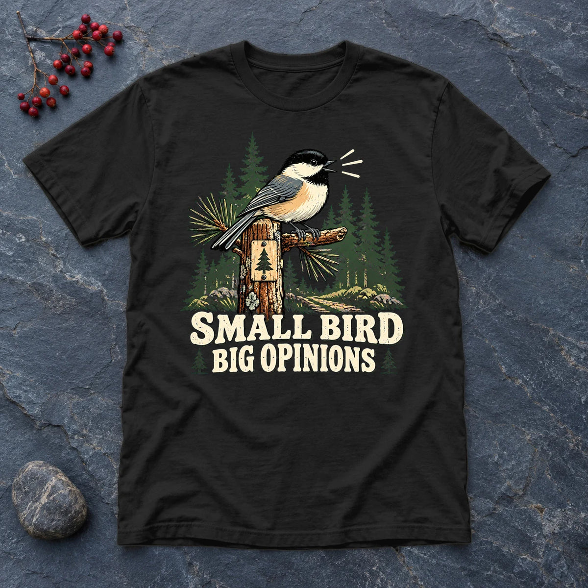 Small Bird Big Opinions Graphic Tee on Black Everyday Soft Tee