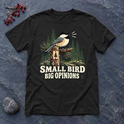 Small Bird Big Opinions Graphic Tee on Black Everyday Soft Tee