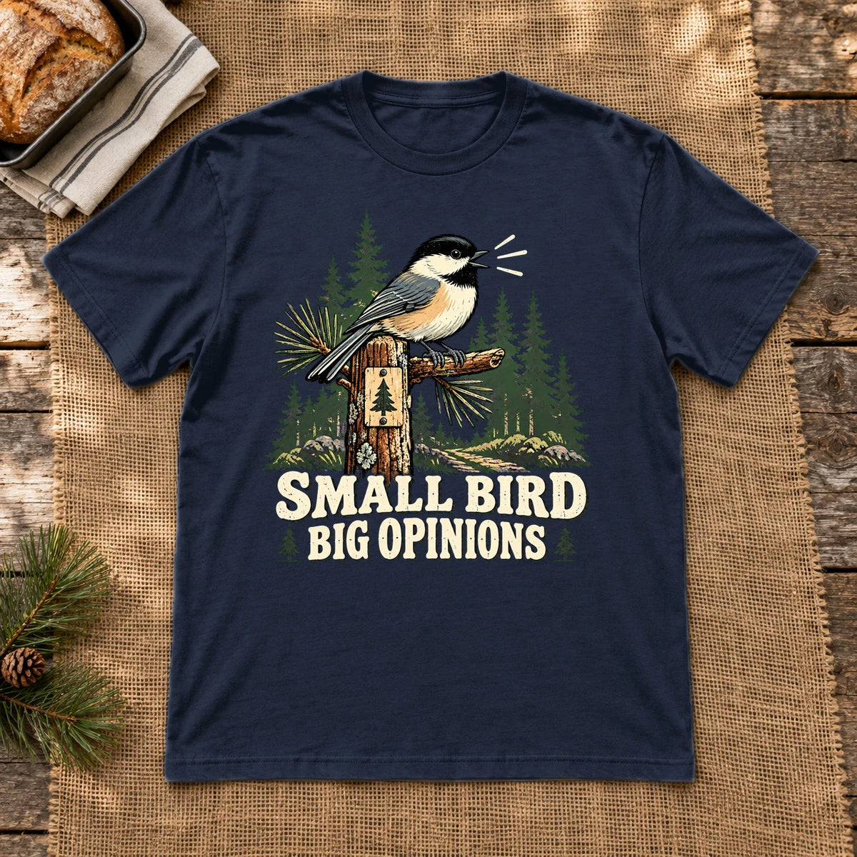 Small Bird Big Opinions Graphic Tee on Navy Everyday Soft Tee