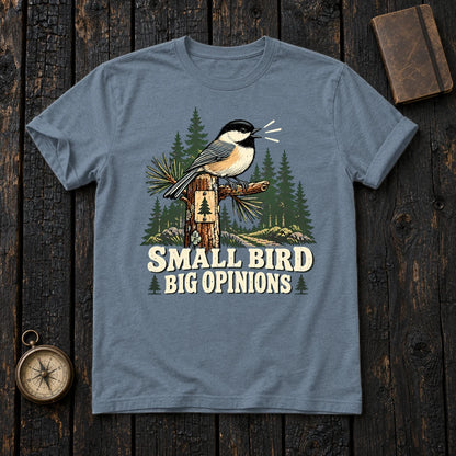 Small Bird Big Opinions Graphic Tee on Heather Indigo Everyday Soft Tee