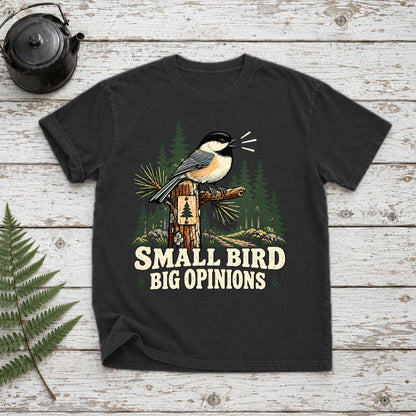 Small Bird Big Opinions Graphic Tee on Black Premium Tee