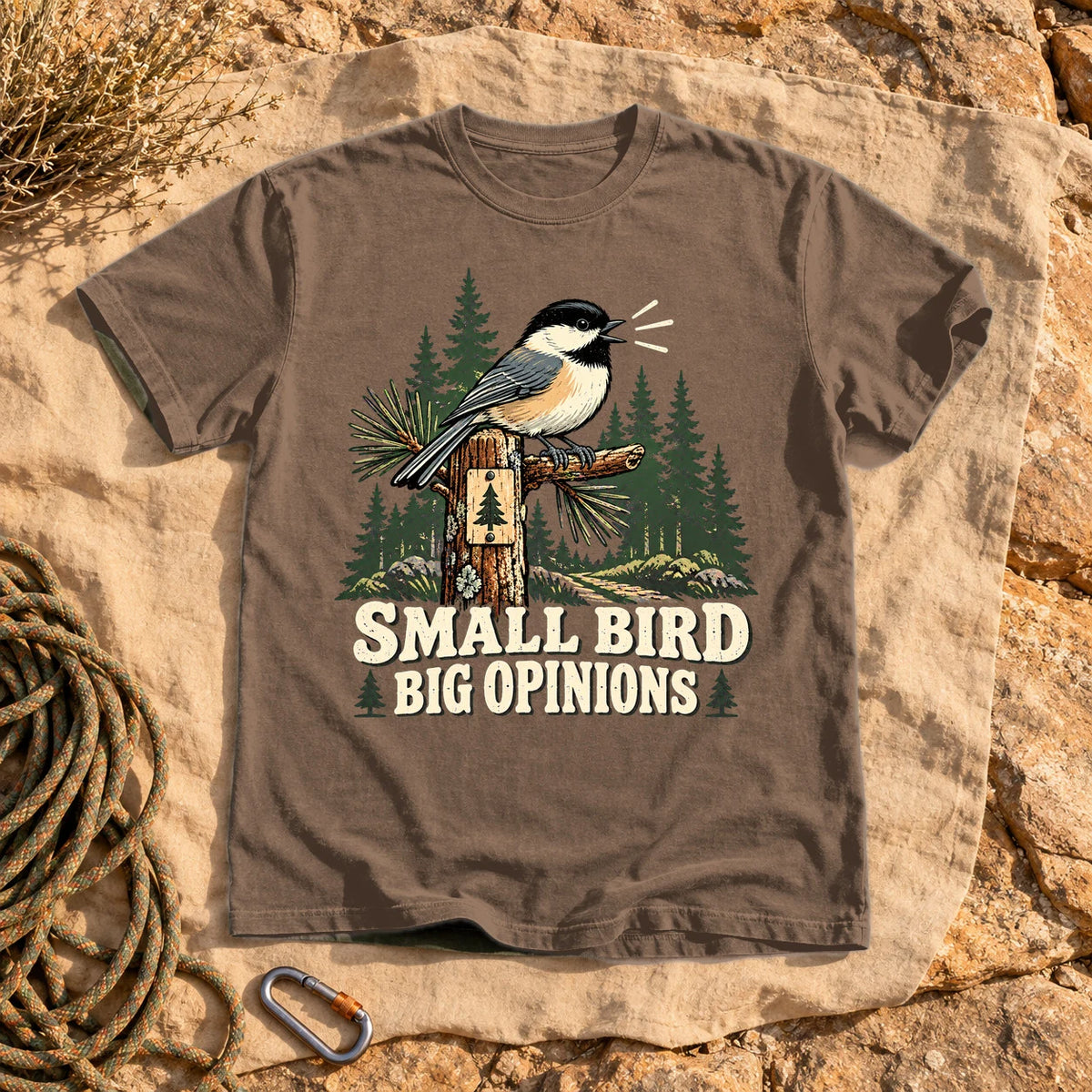 Small Bird Big Opinions Graphic Tee on Espresso Premium Tee