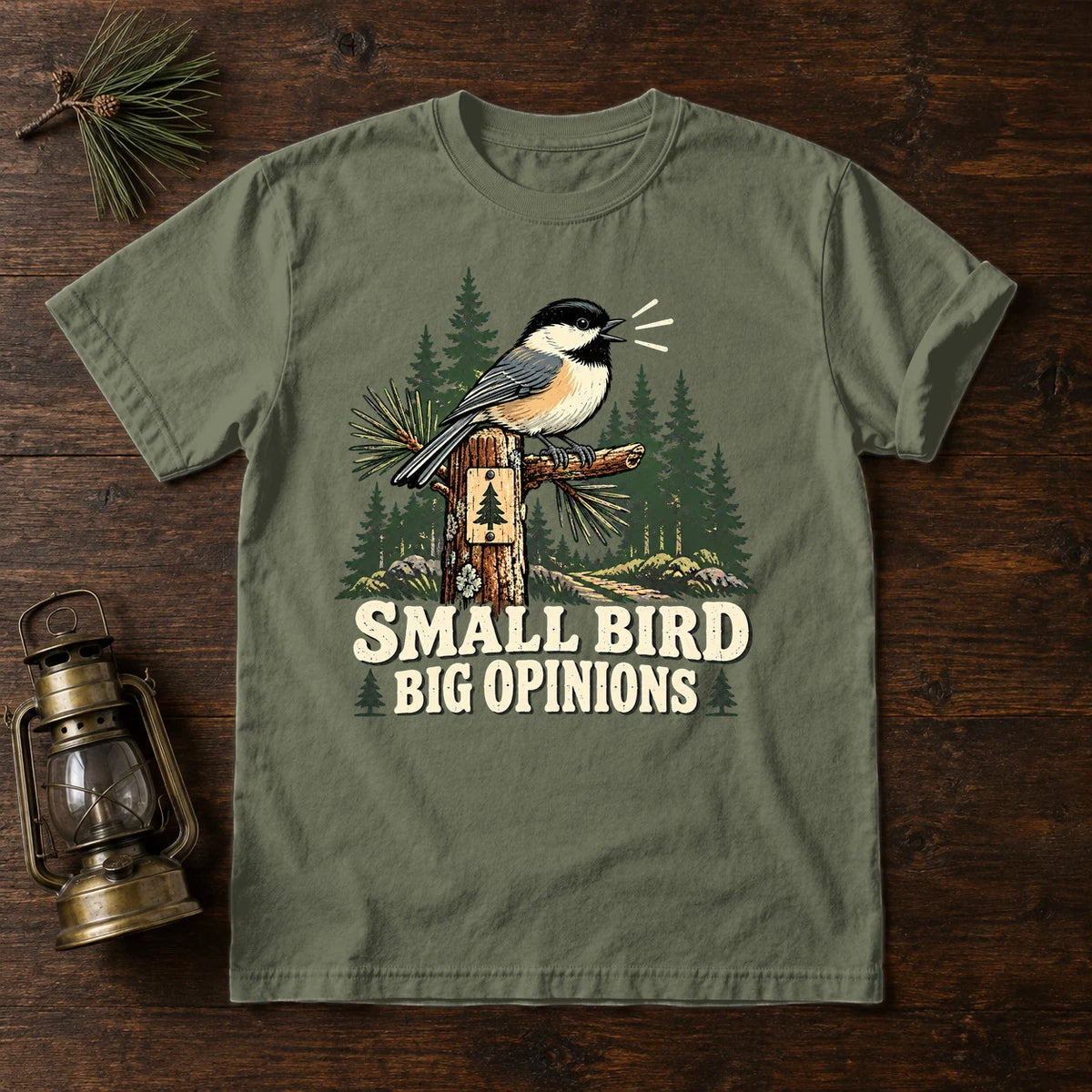 Small Bird Big Opinions Graphic Tee on Moss Premium Tee