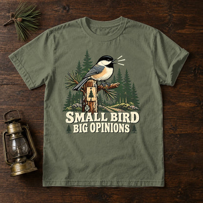 Small Bird Big Opinions Graphic Tee on Moss Premium Tee