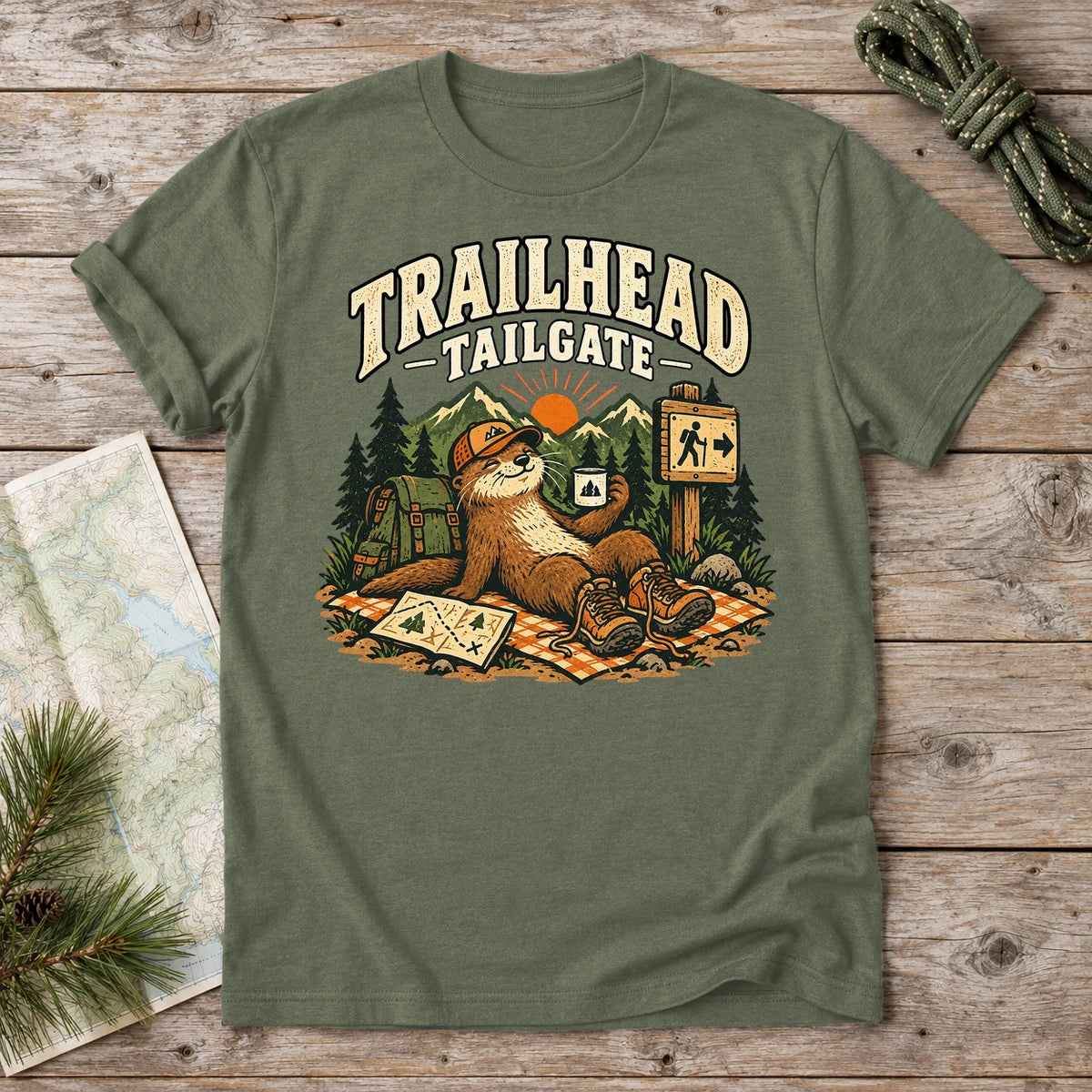 Trailhead Tailgate Otter Graphic Tee on Military Green Everyday Soft Tee