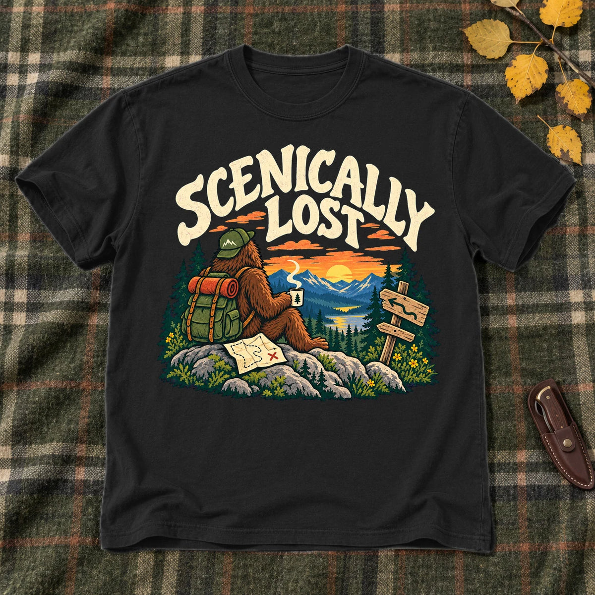 Scenically Lost Bigfoot Graphic Tee on Black Everyday Soft Tee