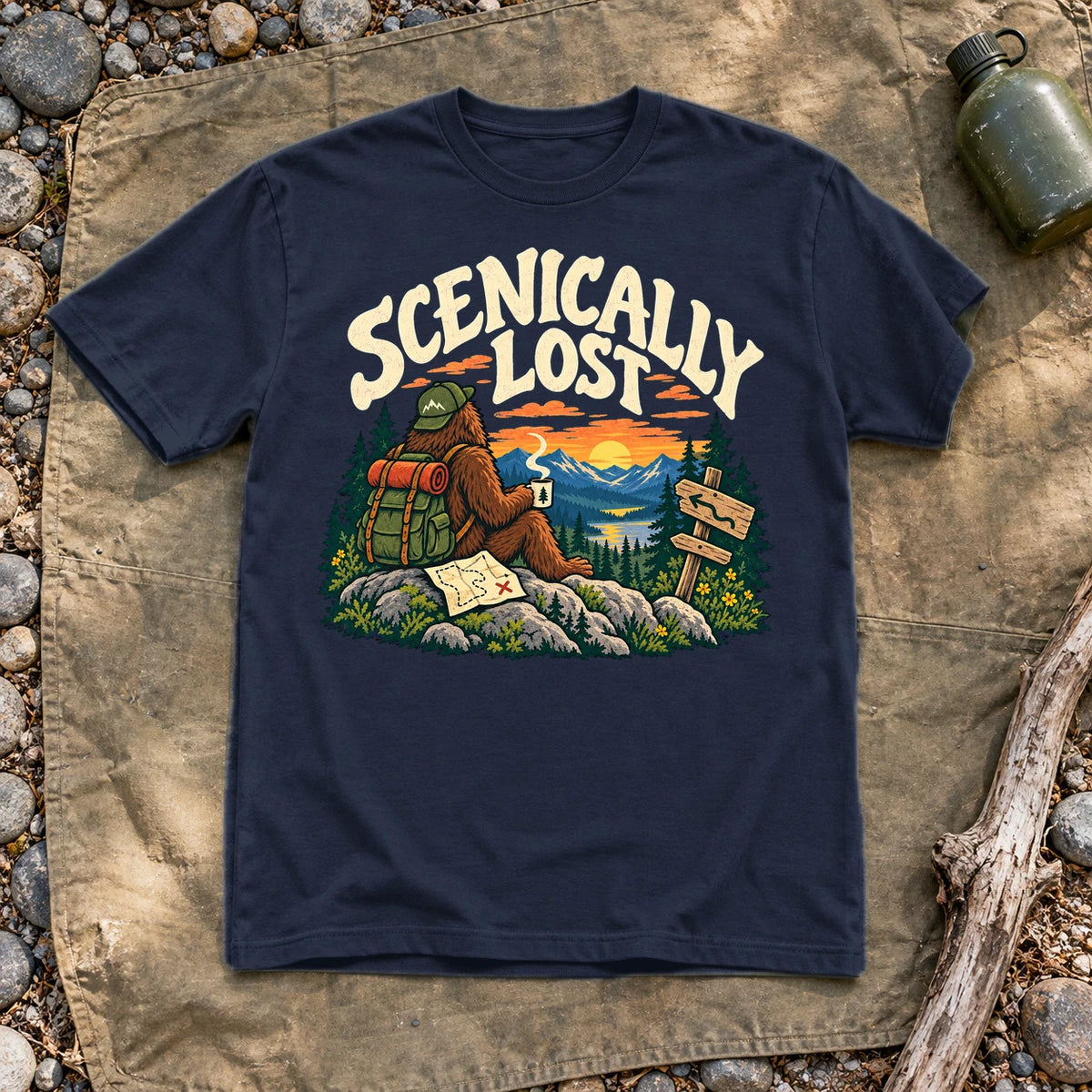 Scenically Lost Bigfoot Graphic Tee on Navy Everyday Soft Tee