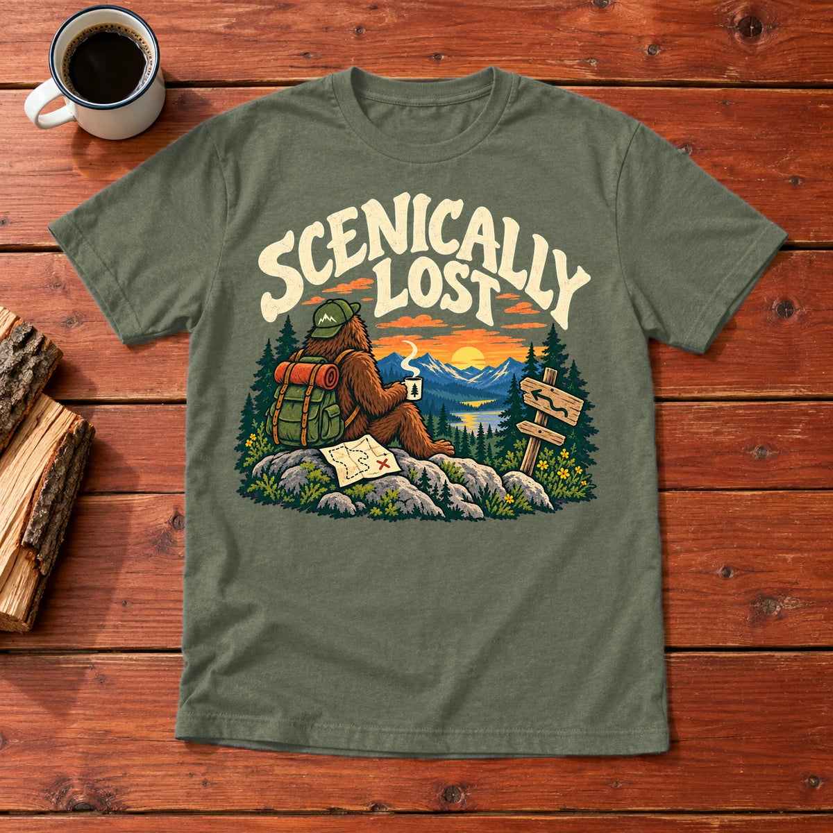Scenically Lost Bigfoot Graphic Tee on Military Green Everyday Soft Tee