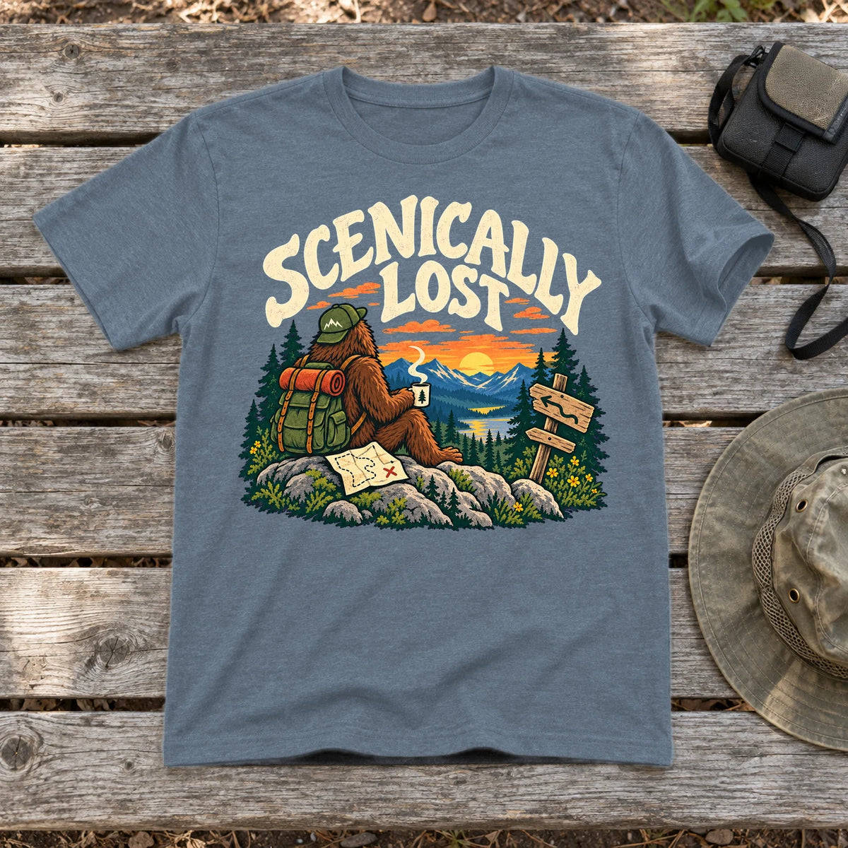 Scenically Lost Bigfoot Graphic Tee on Heather Indigo Everyday Soft Tee