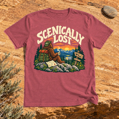Scenically Lost Bigfoot Graphic Tee on Heather Red Everyday Soft Tee
