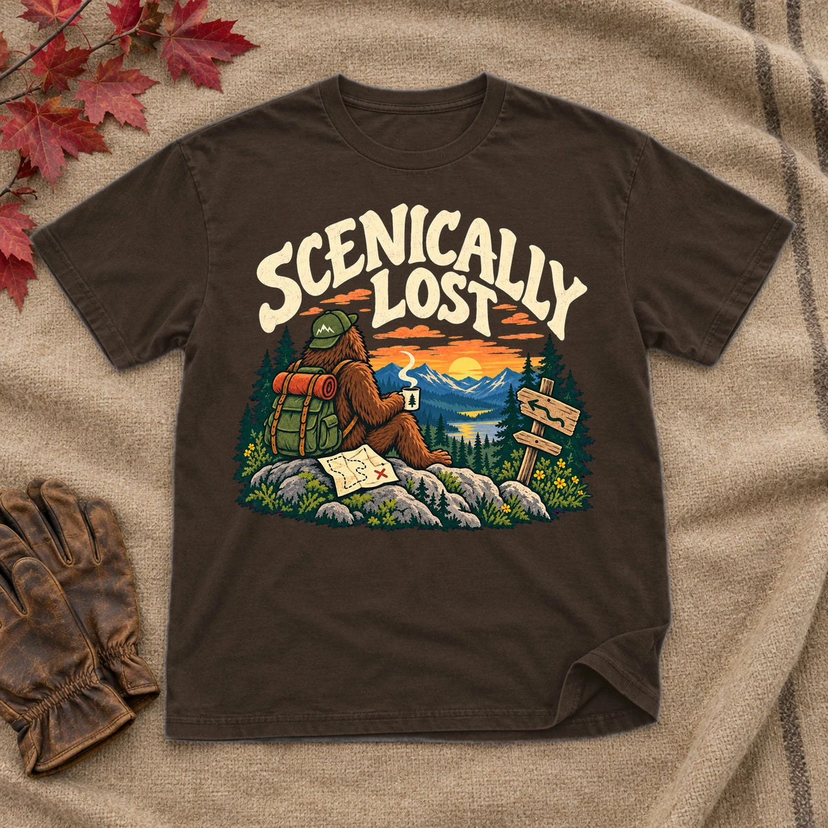 Scenically Lost Bigfoot Graphic Tee on Dark Chocolate Everyday Soft Tee