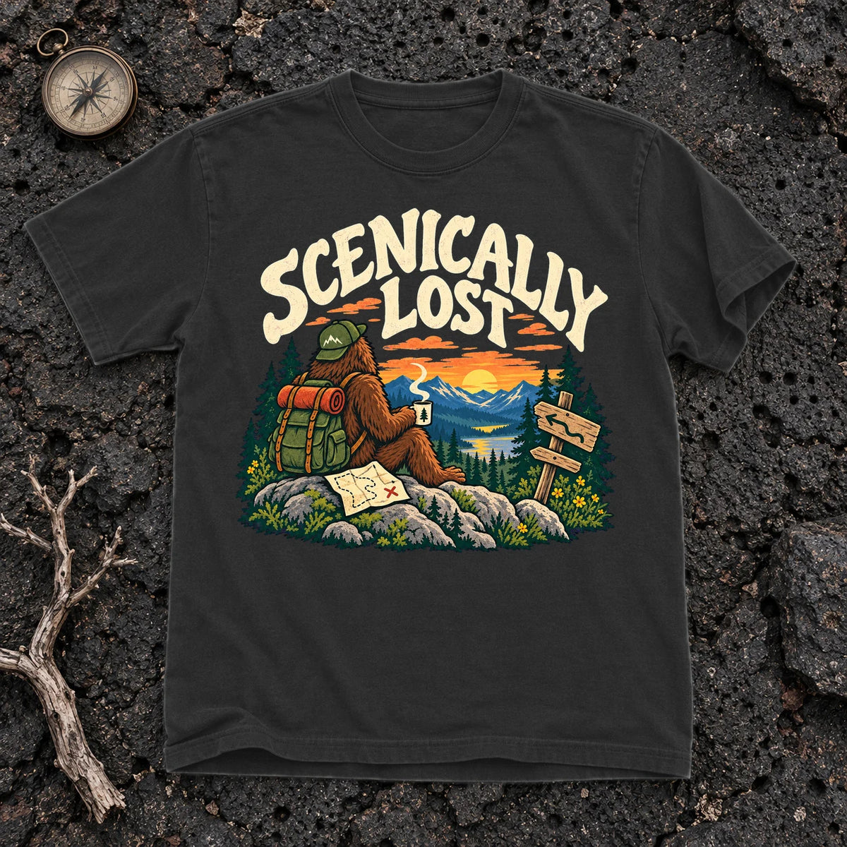 Scenically Lost Bigfoot Graphic Tee on Black Premium Tee