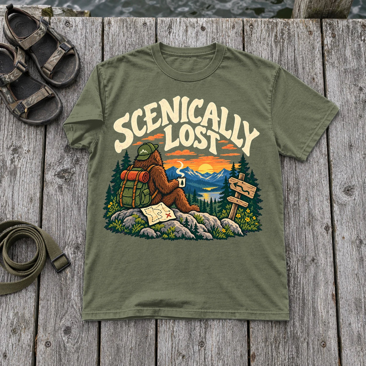 Scenically Lost Bigfoot Graphic Tee on Moss Premium Tee