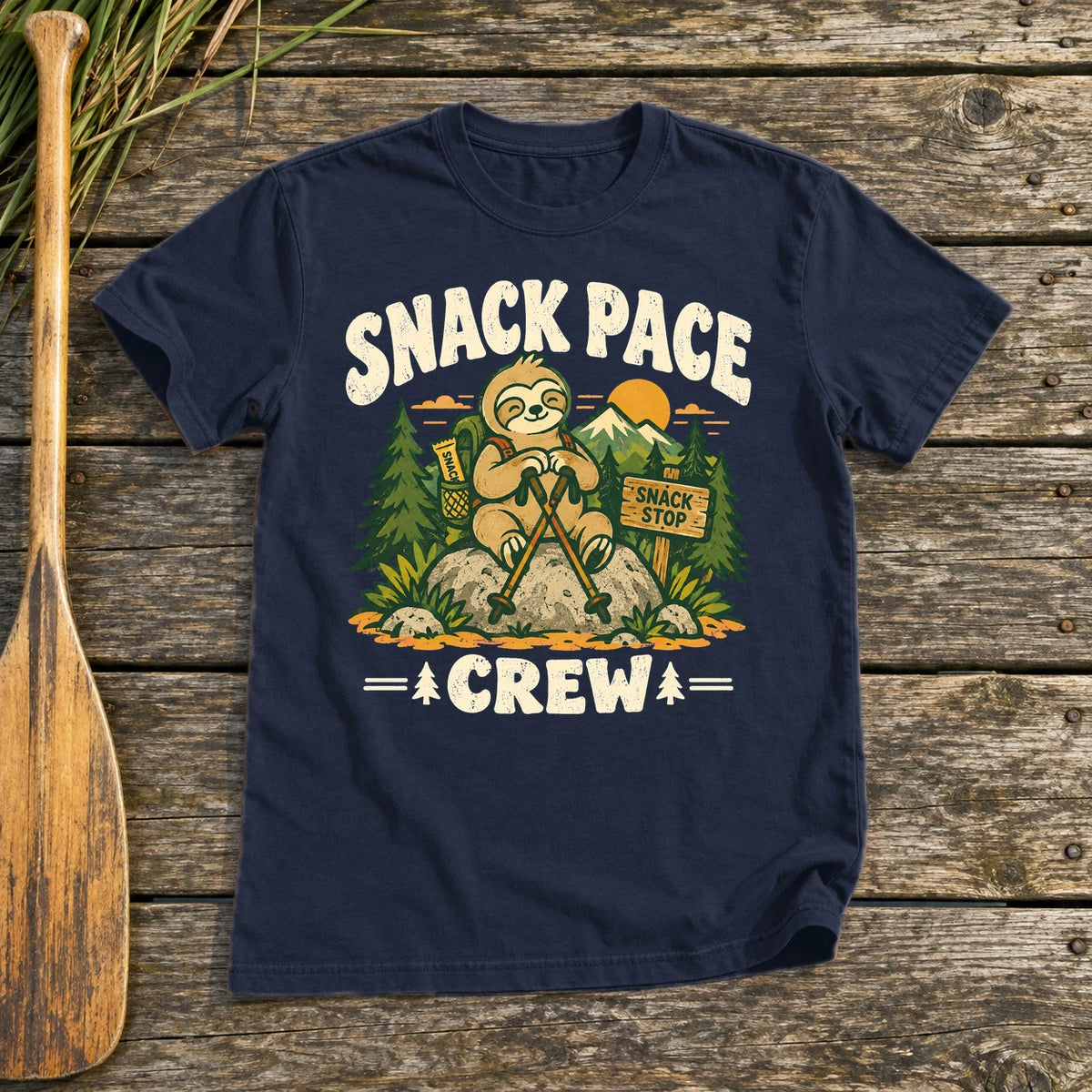 Snack Pace Crew Sloth Graphic Tee on Navy Everyday Soft Tee