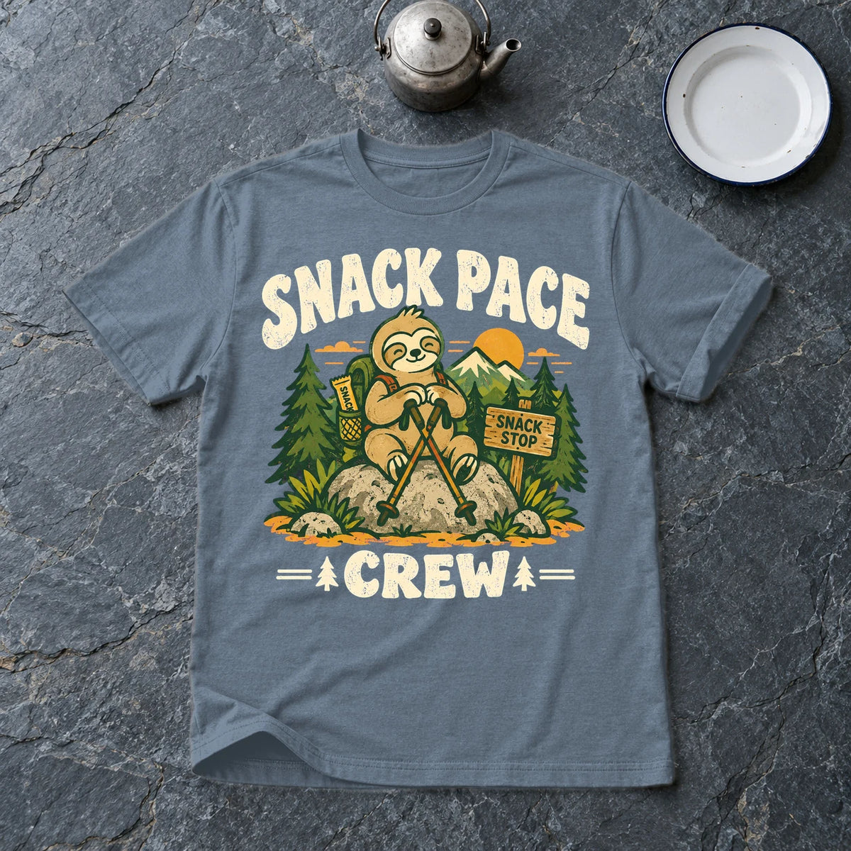 Snack Pace Crew Sloth Graphic Tee on Heather Indigo Everyday Soft Tee