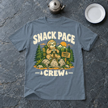 Snack Pace Crew Sloth Graphic Tee on Heather Indigo Everyday Soft Tee