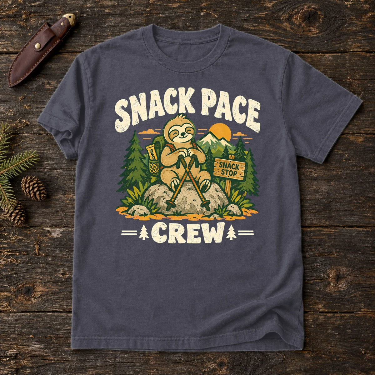 Snack Pace Crew Sloth Graphic Tee on Navy Premium Tee