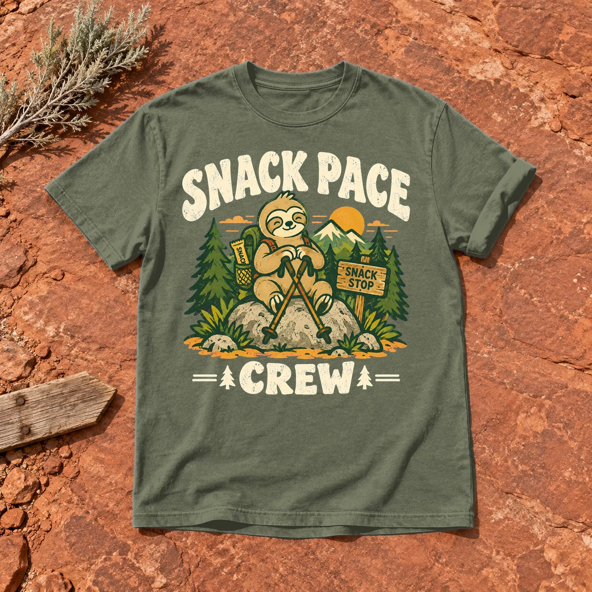 Snack Pace Crew Sloth Graphic Tee on Moss Premium Tee