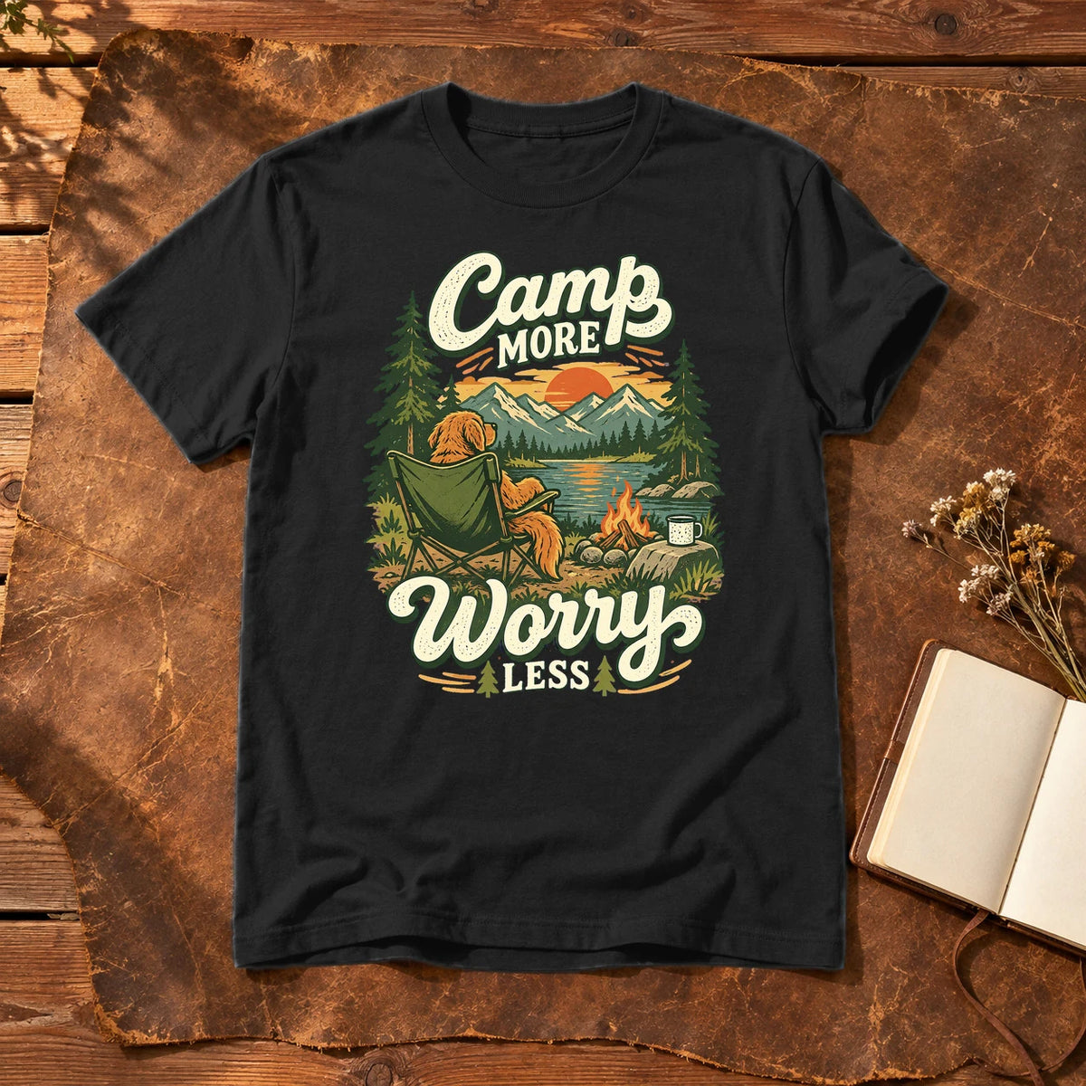 Camp More Worry Less Graphic Tee on Black Everyday Soft Tee
