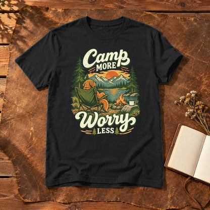Camp More Worry Less Graphic Tee on Black Everyday Soft Tee