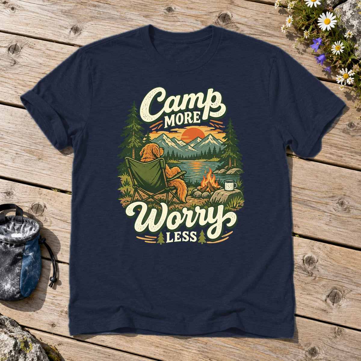 Camp More Worry Less Graphic Tee on Navy Everyday Soft Tee