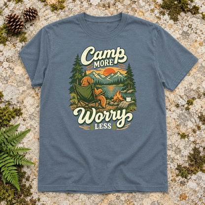 Camp More Worry Less Graphic Tee on Heather Indigo Everyday Soft Tee