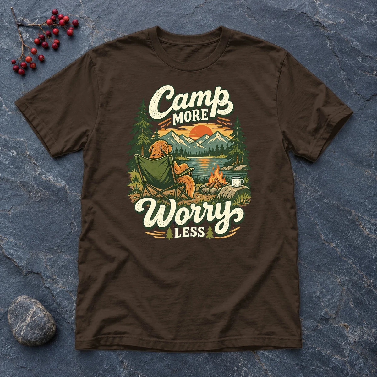 Camp More Worry Less Graphic Tee on Dark Chocolate Everyday Soft Tee