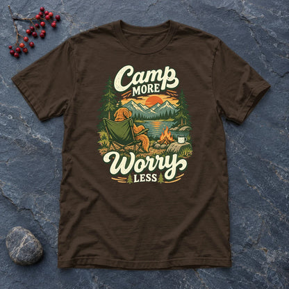 Camp More Worry Less Graphic Tee on Dark Chocolate Everyday Soft Tee