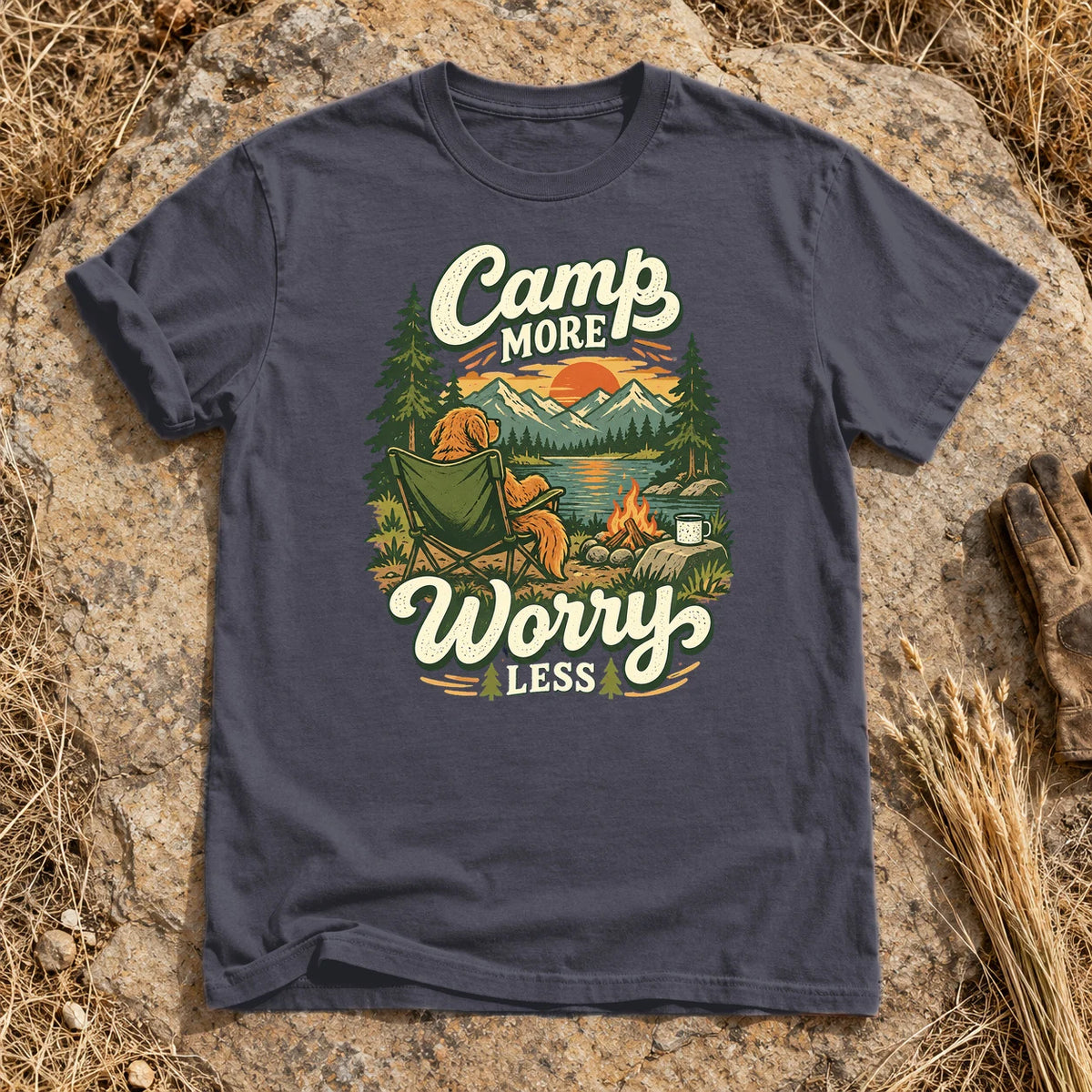 Camp More Worry Less Graphic Tee on Navy Premium Tee